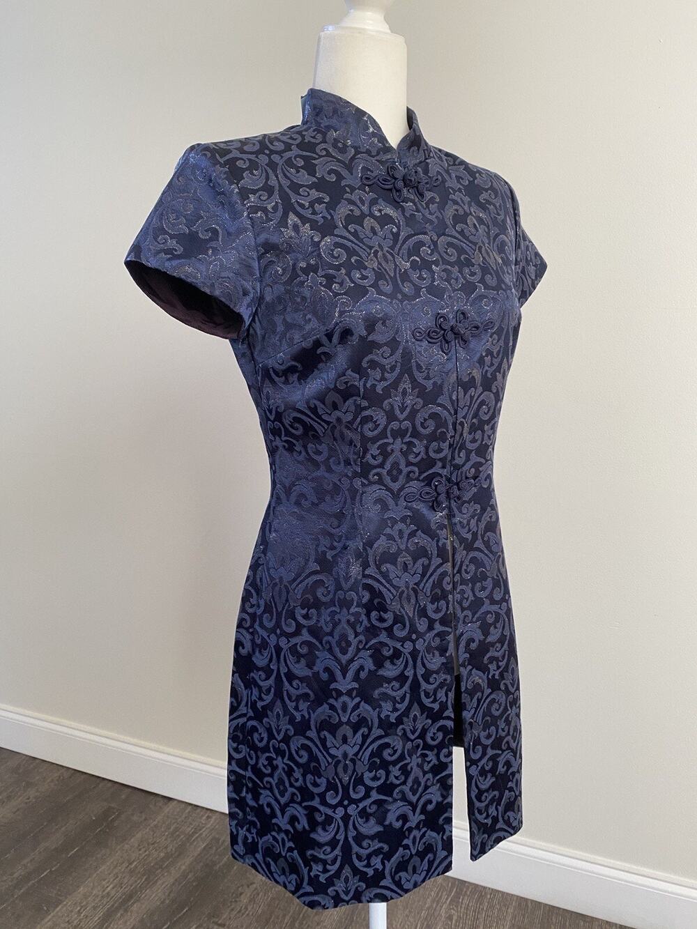 Vintage Cachet Women’s Blue Floral Shoulder Pads LinedChinese Kimono Jacket Sz 4